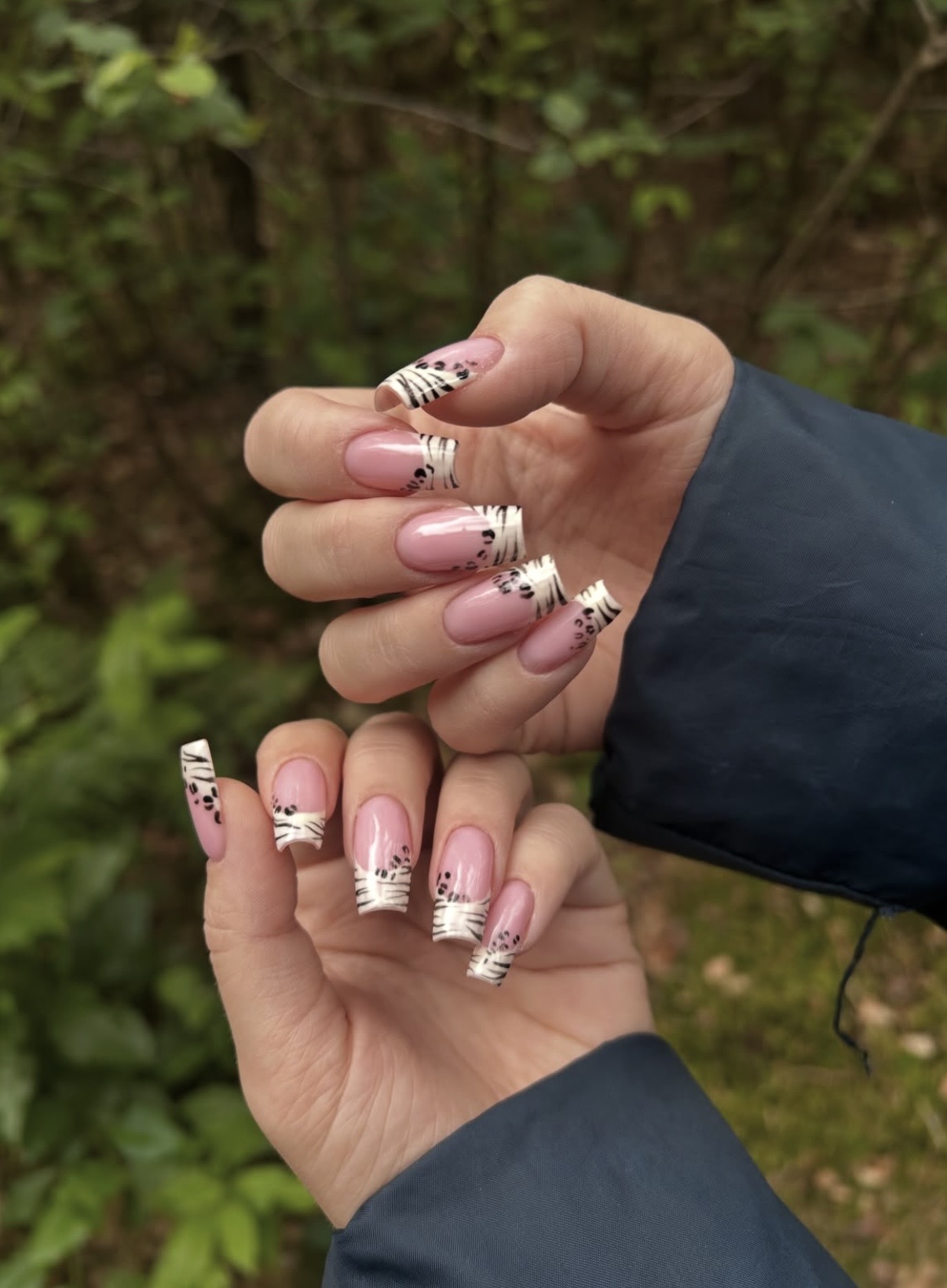 Pink square nails with zebra and leopard print French tips